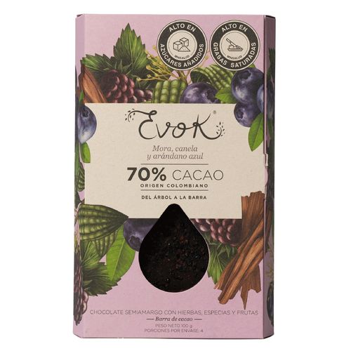 Barra de chocolate 70% con mora, canela y arándano azul