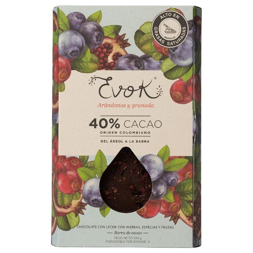 Barra de chocolate 40% con arándanos y granada sin azúcar añadida