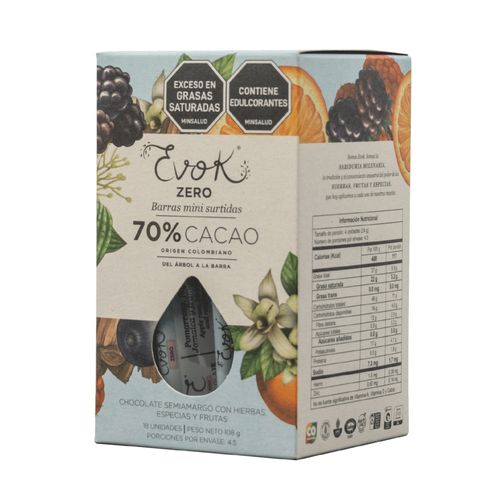 Barras minis 70 % cacao 108 g sin ázucar añadida ZERO